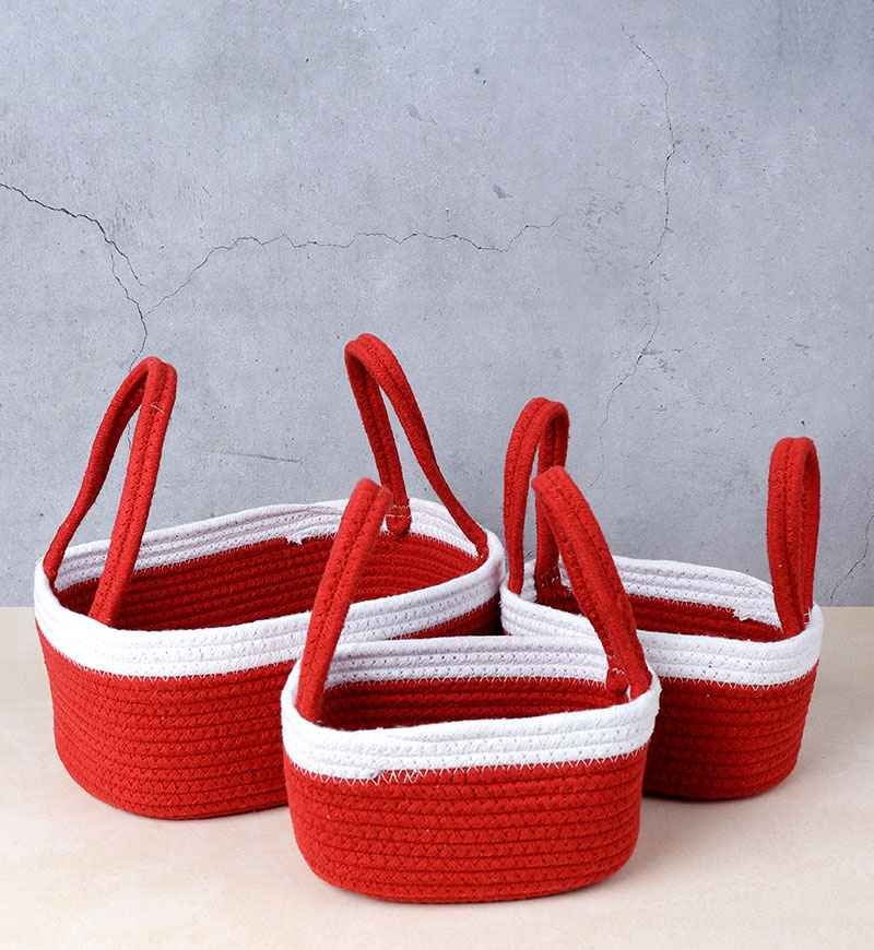 Home Decor Multipurpose Red Cotton Rope Handle Basket - Set of 3 baskets